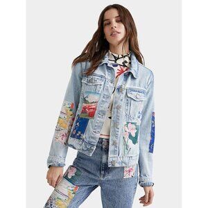 Desigual Los Angeles Denim Jacket with Floral Japanese Landscape Patches Size La